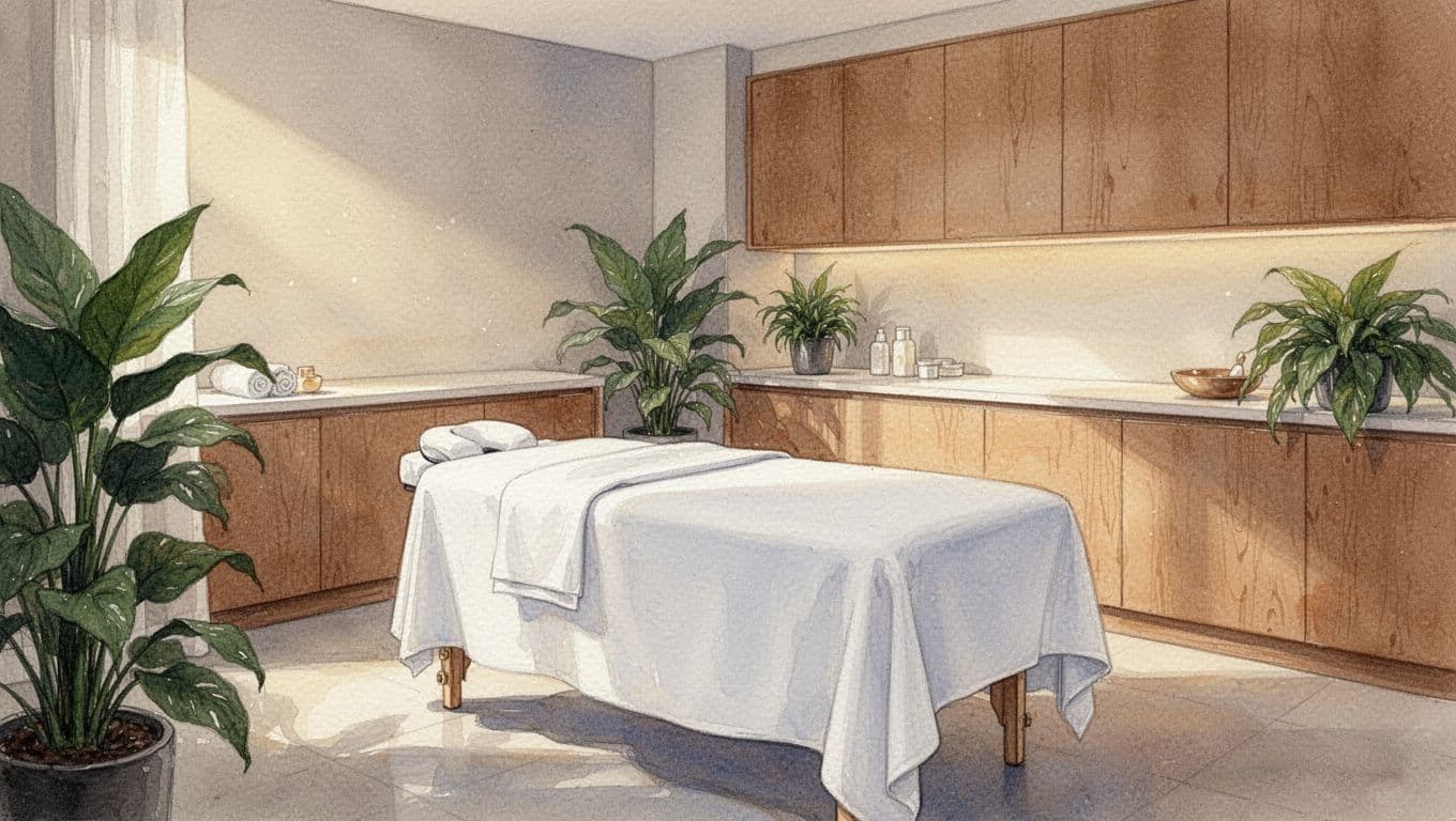 A pristine massage table draped in white linens sits centered in a room featuring wooden furniture and lush green plants. The watercolor aesthetic displays soft brushstrokes and warm, ambient lighting.