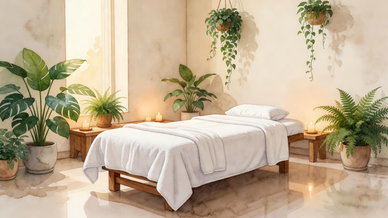 A watercolor-style spa room features a plush massage table centered in a room filled with lush green plants. Soft, warm ambient light glows across the textured walls, creating a tranquil sanctuary.