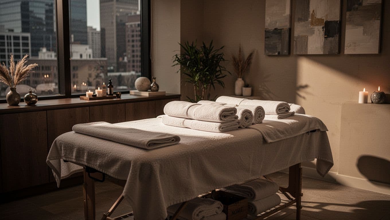 A neatly prepared massage table sits centered in a dimly lit spa room featuring soft gold accents and fresh folded towels. Subtle decorative plants provide a tranquil ambiance for therapeutic wellness.