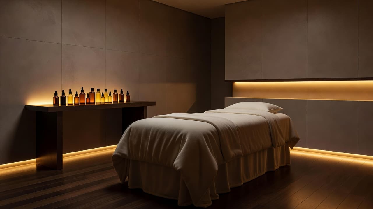 A plush massage table with soft linens sits in a dimly lit room featuring warm golden accent lighting. Glass oil bottles rest on a nearby side table against rich textured walls.