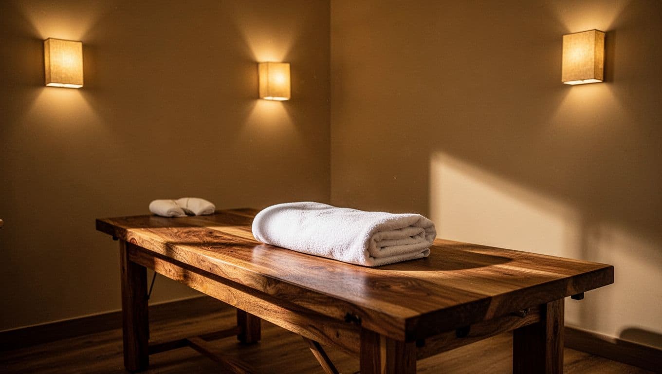 A dark wooden massage table sits centered in a dimly lit spa chamber featuring warm, glowing wall sconces. A crisp white towel is folded precisely on the surface to suggest professional comfort.