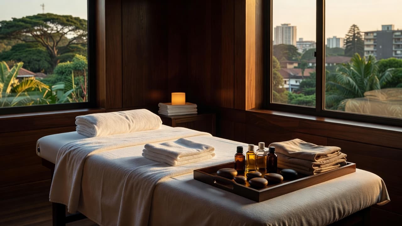 A massage table in a spa room with warm stones and essential oils prepared for a treatment.
