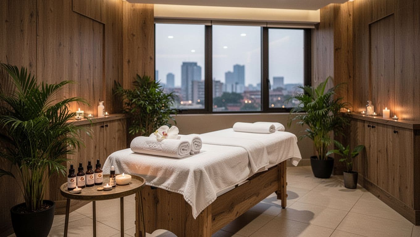 Serene empty spa treatment room in a modern Kilimani Nairobi building, featuring a massage table with white towels, essential oils, potted plants, dim warm lighting, wooden accents, and a blurred city view window.
