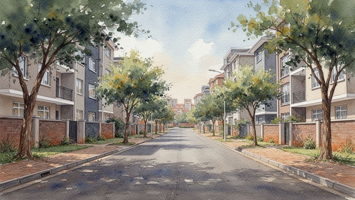 Watercolor scene of quiet Kindaruma Road lined by modern apartments and green trees.