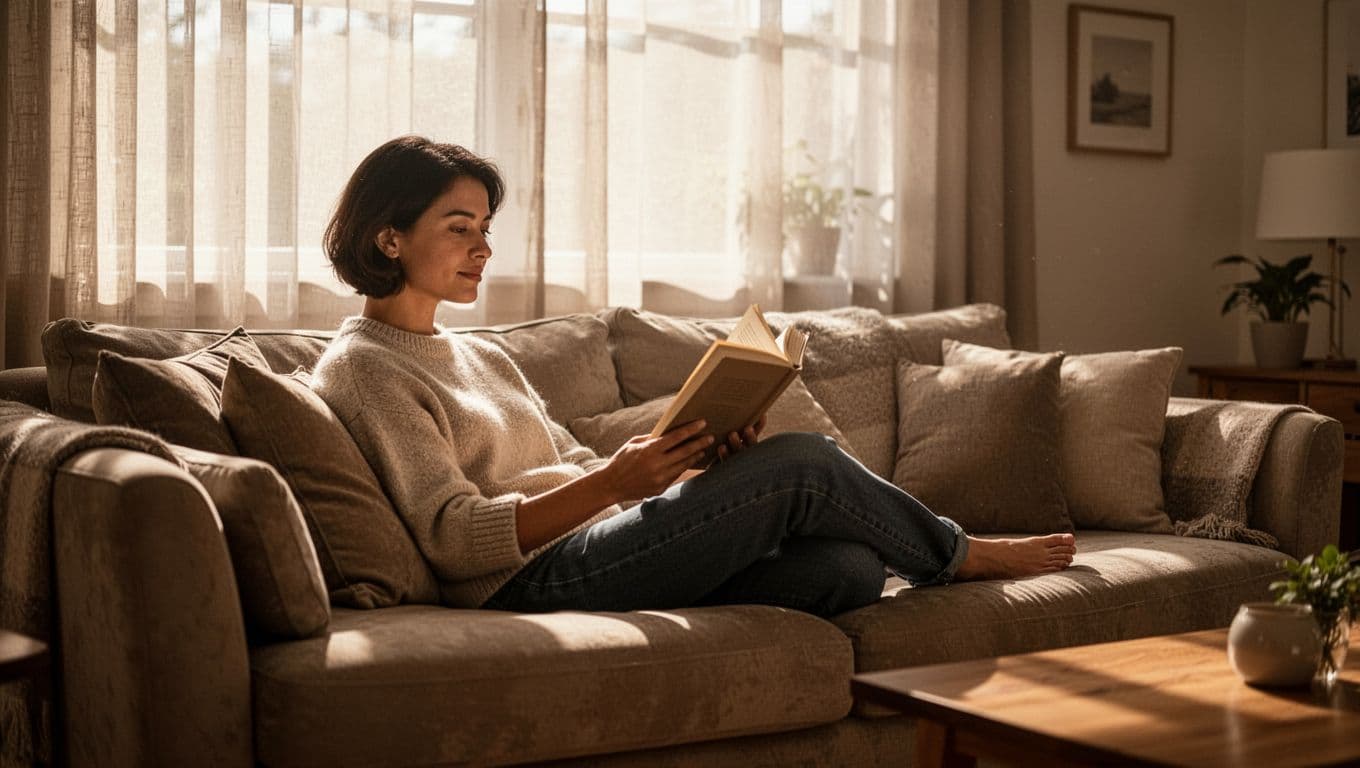A person reading quietly on a cozy sofa in a sunlit living room.