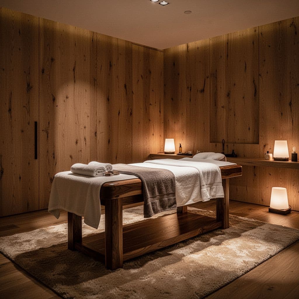 Soft white linens drape over a massage table positioned on warm wood flooring. Glowing amber wall lights create deep shadows and a peaceful atmosphere inside this minimalist, high-end sanctuary space.