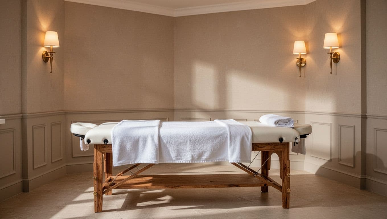 A wooden massage table draped with white linens sits centered in a dimly lit room. Warm wall sconces cast soft shadows across neutral decor, creating a calm and professional atmosphere.