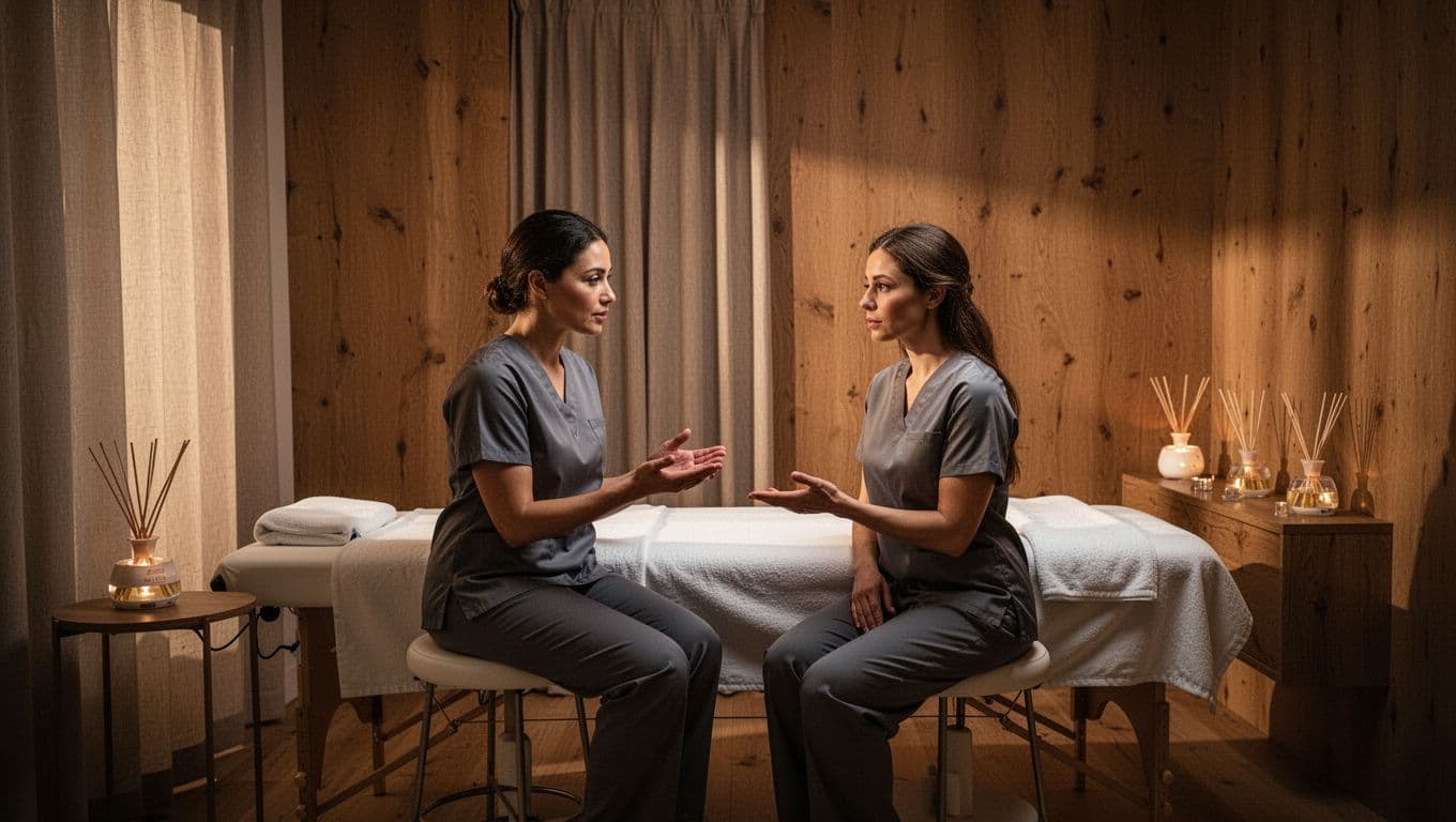 A neatly folded towel rests atop a professional massage table within a dimly lit, tranquil room. Warm ambient lighting highlights the texture of the linens and a nearby wooden consultation chair.
