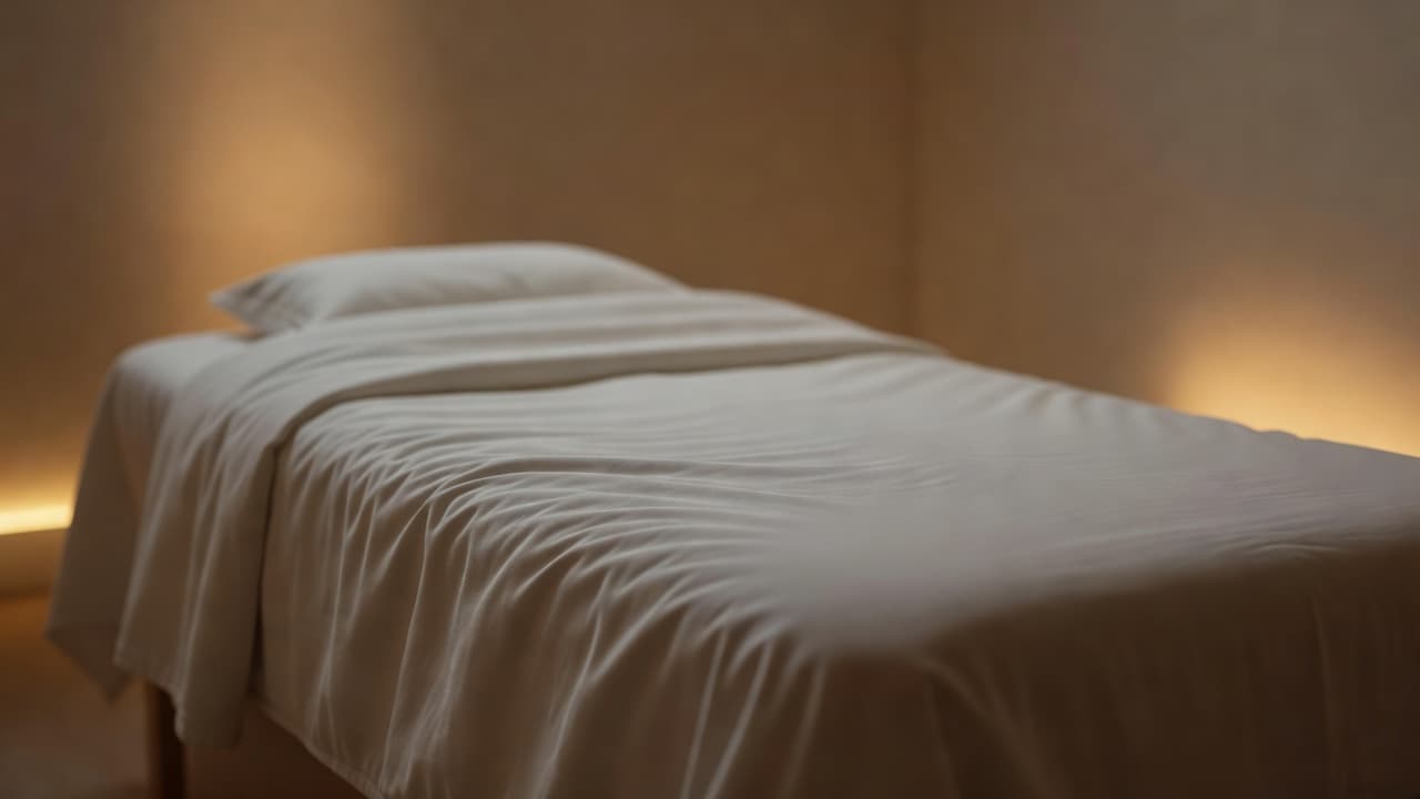 A plush massage table draped in crisp white linens sits in a dim, tranquil room. Soft ambient golden light illuminates the fabric textures, creating a peaceful sanctuary for deep physical relaxation.