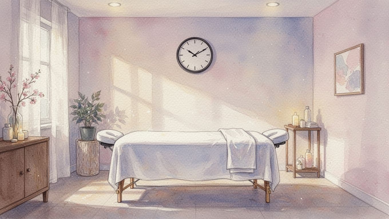 A watercolor-style massage room features a plush padded table centered in the space under soft ambient lighting. A simple analog clock hangs on the wall behind the table to track sessions.