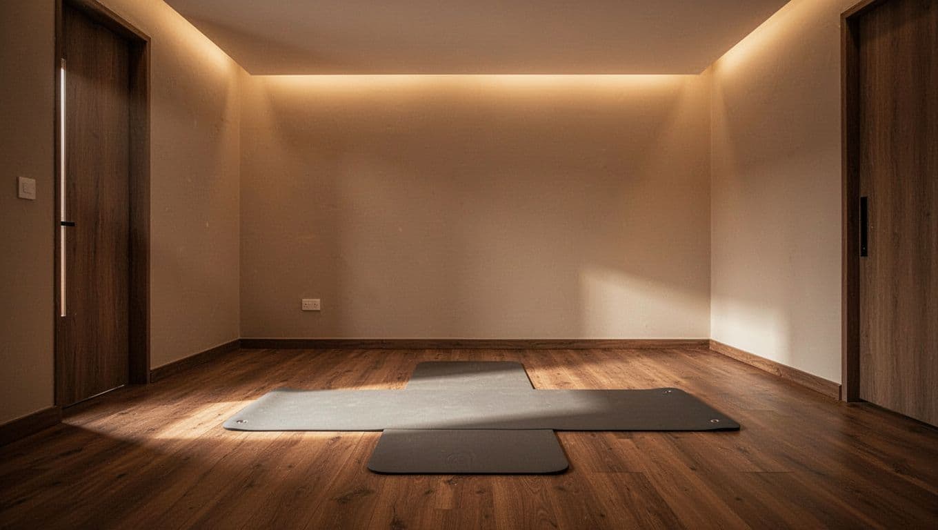 A minimalist and quiet massage studio featuring a floor mat and warm ambient lighting.