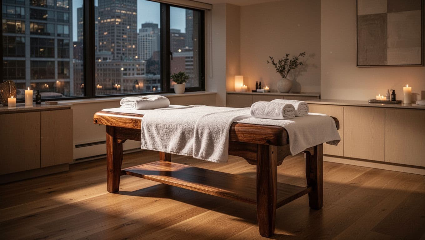 A pristine massage table sits center stage in a dimly lit studio featuring soft warm accent lighting. Plush folded white towels rest neatly on the minimalist wooden furniture against textured walls.