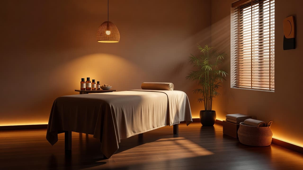 A plush massage table with soft neutral linens sits in a dim Kilimani studio. Warm amber accent lighting glows behind a small bamboo plant, creating a calm and inviting atmosphere.