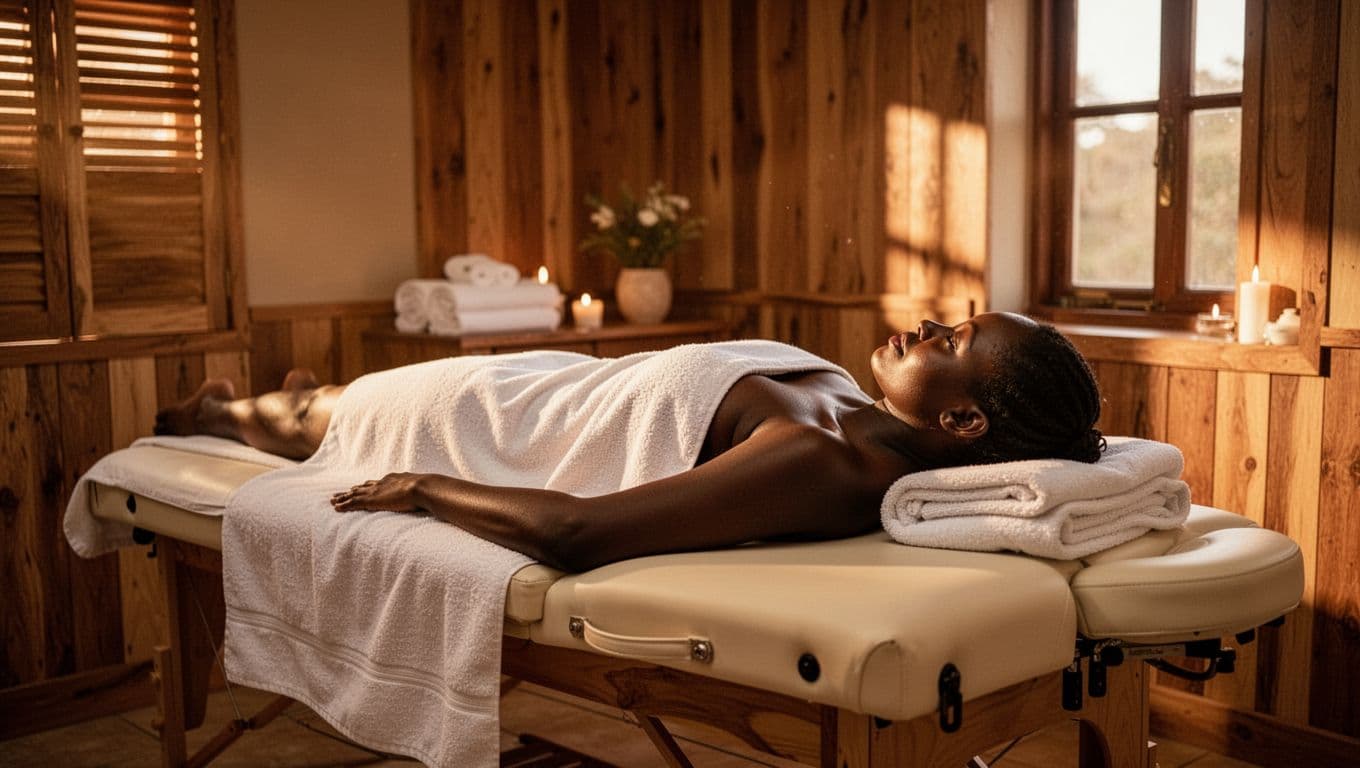 A person relaxing on a warm massage table in a softly lit room with fresh towels.