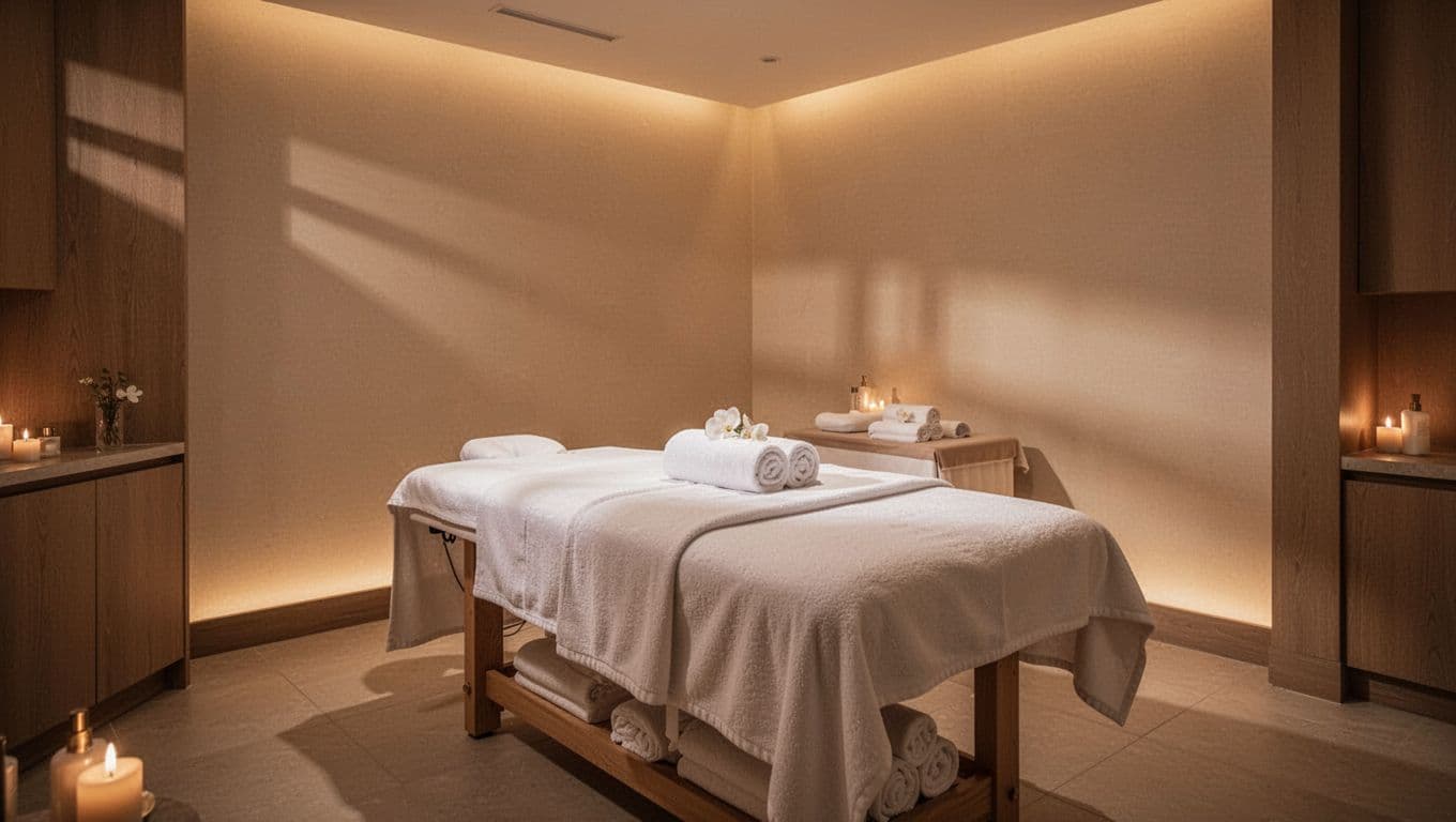 A pristine massage table sits centered in a dimly lit room, illuminated by soft golden accents. The contrast between deep shadows and warm highlights creates a calm, inviting atmosphere for relaxation.