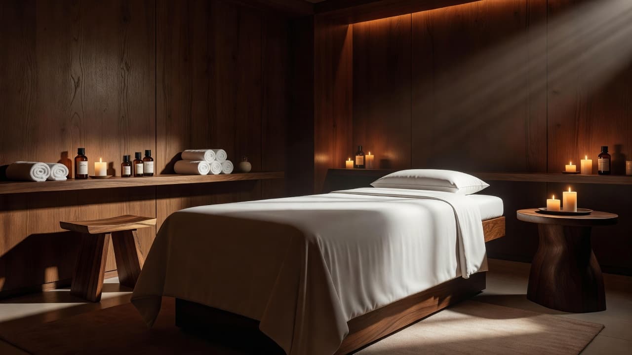 A pristine massage bed sits center stage in a tranquil room accented by warm timber textures. Soft ambient lighting highlights the minimalist decor, creating a peaceful sanctuary for therapeutic body treatments.