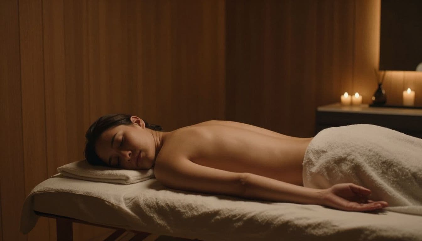 A person lies comfortably on a wooden massage table within an elegant, dimly lit room. Warm amber lights glow against the textured wood paneling, emphasizing a deep sense of tranquil recovery.