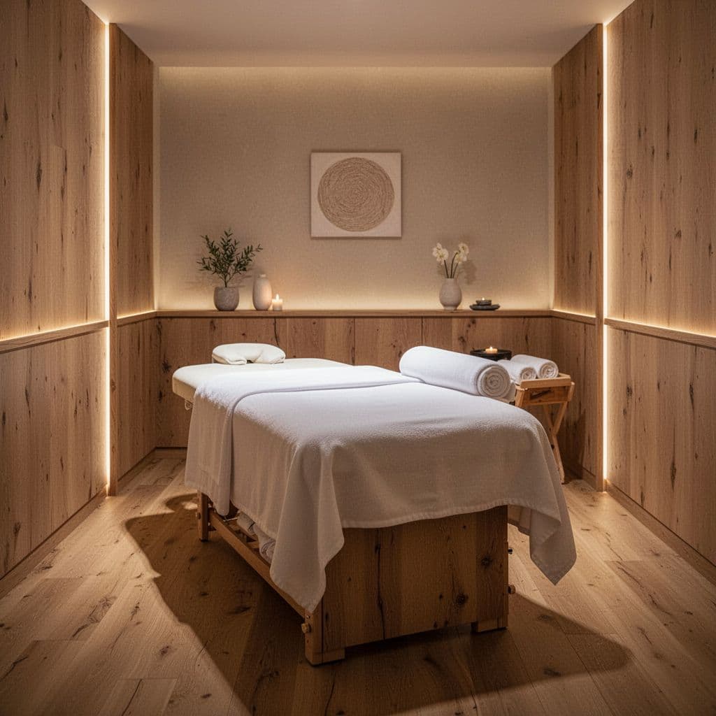 A tranquil spa room features a massage table with white linens and warm ambient wooden accents.