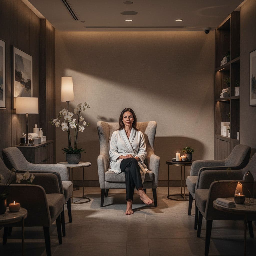 A person sits alone on a plush chair in a dimly lit, tranquil massage parlor. Soft golden light illuminates the elegant interior design, creating a quiet atmosphere for pre-treatment relaxation.