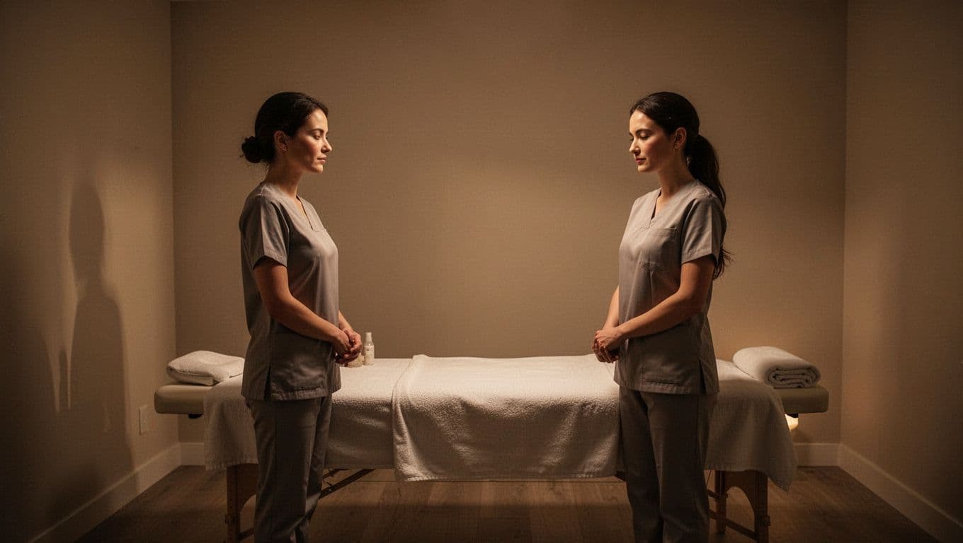 A calm therapist stands gracefully inside a minimalist treatment room featuring a clean massage table and neutral earth-toned decor. Soft golden lighting creates a tranquil atmosphere with deep, cinematic shadows.