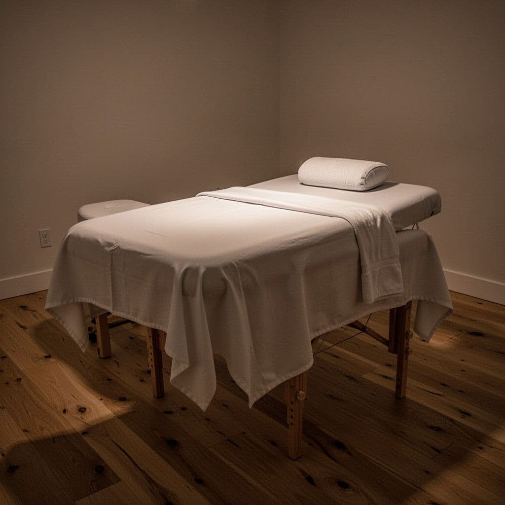 Crisp white linens cover the massage table, positioned on warm wooden flooring. Dim ambient lights cast a soft glow across the minimalist space, creating a calm atmosphere for a therapy session.