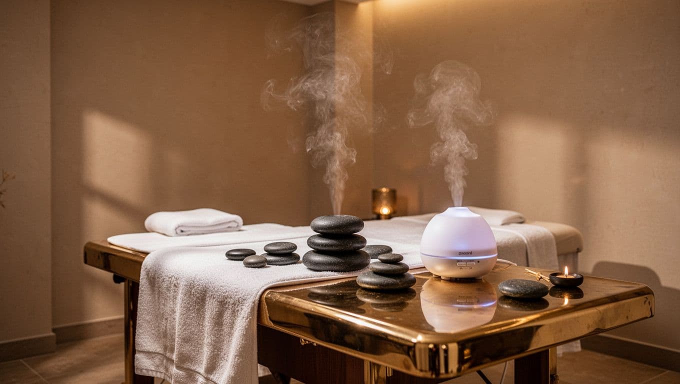 Padded massage tables are arranged neatly across a hardwood floor, flanked by bowls of smooth hot stones and glowing oil diffusers. Golden ambient light filters through the quiet, professional spa space.