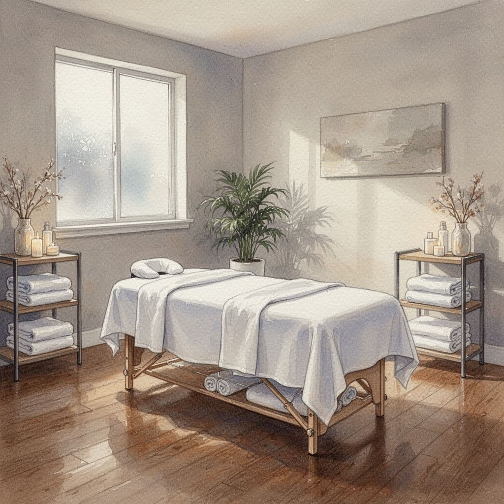 Hot Oil Massage 6 A watercolor painting depicts a peaceful massage room with warm lighting and neatly folded towels on a table.