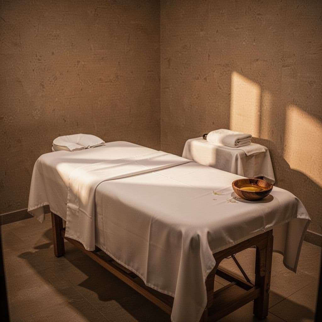 A plush massage table with folded white linens sits center in a dimly lit room. A small wooden bowl of essential oil rests nearby, illuminated by warm, glowing amber light.