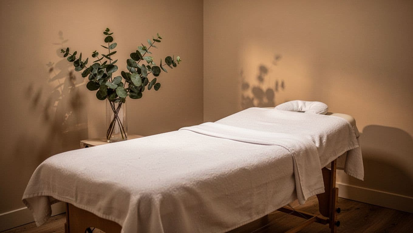 A massage table with white linens and a vase of eucalyptus under warm lighting.