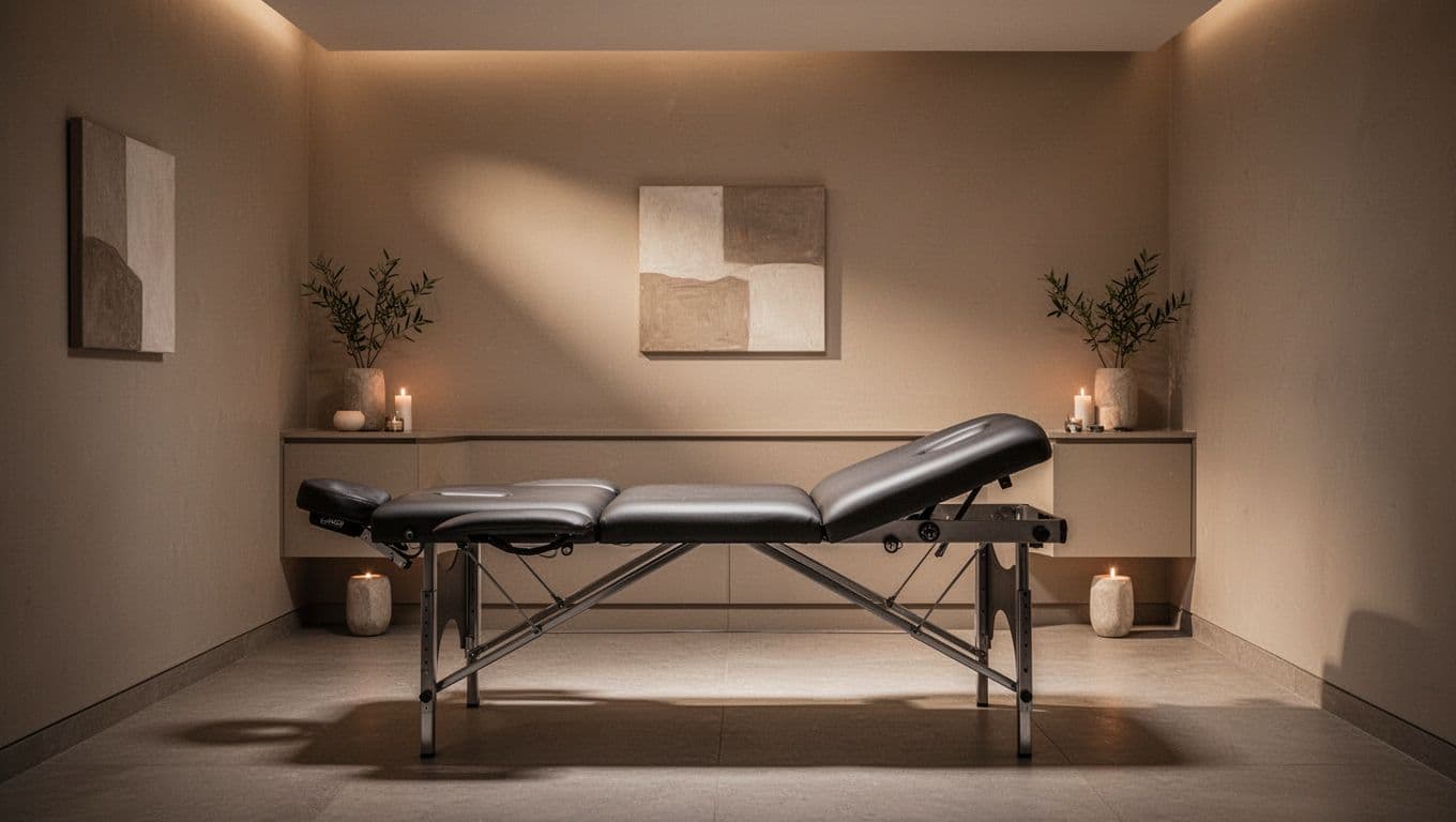 A professional massage table sits centered in a minimalist room bathed in soft amber light. Fluffy white towels are neatly folded on a side table near decorative stone accents.