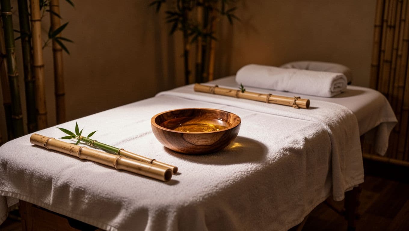 A pristine massage table draped in white linens sits centered in a dimly lit room featuring bamboo accents. A wooden bowl containing aromatic warm oil rests nearby under soft glowing light.