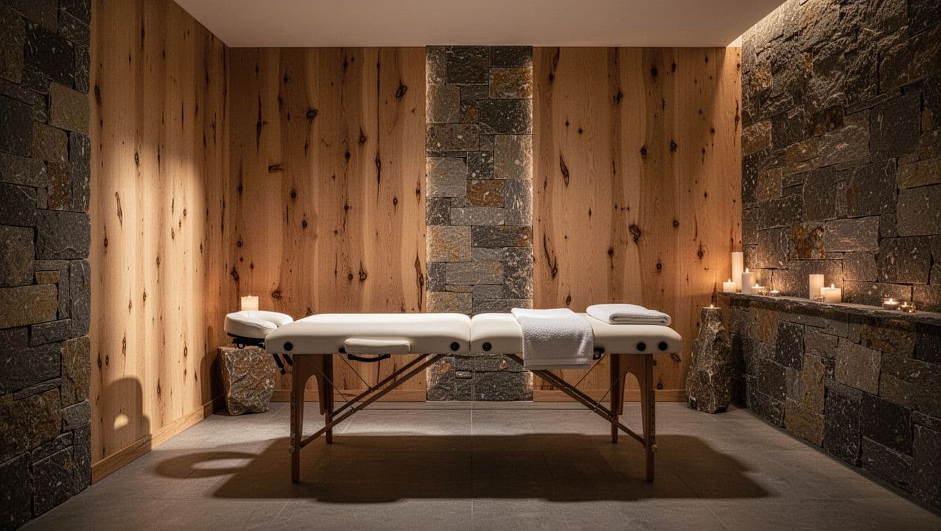 A professional massage table sits centered in a dimly lit room featuring textured stone walls and warm glowing lamps. Soft linens drape over the furniture, creating a calm atmosphere for relaxation.