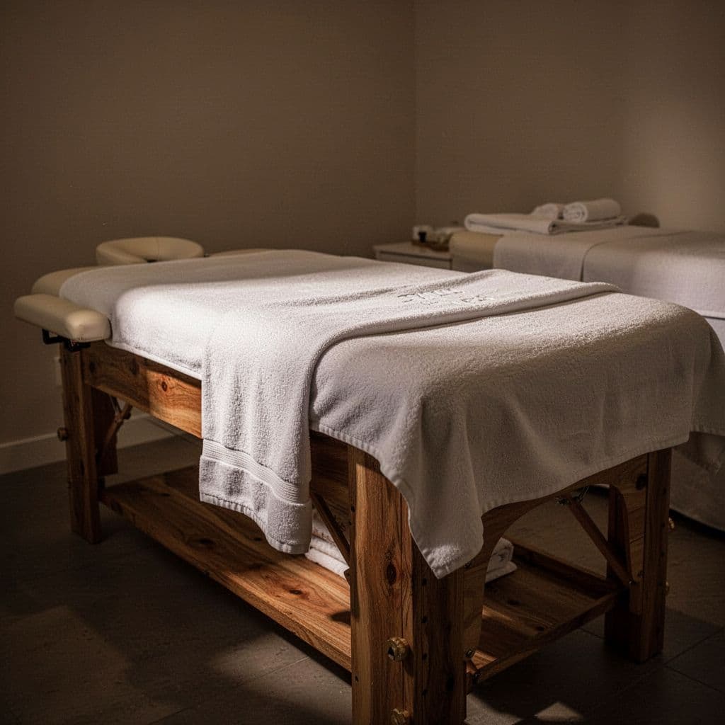 A minimalist wooden massage table draped in soft white linens sits centered in a dimly lit room. Warm ambient light creates deep shadows and a tranquil mood for a spa experience.