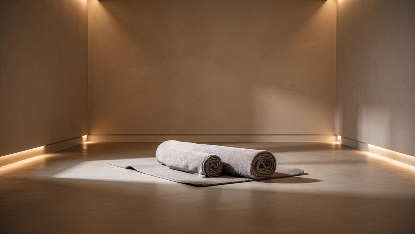 A minimalist massage studio features a plush floor mat centered in a room with neutral stone walls. Soft, dramatic lighting casts deep shadows, emphasizing the clean, quiet atmosphere of the space.
