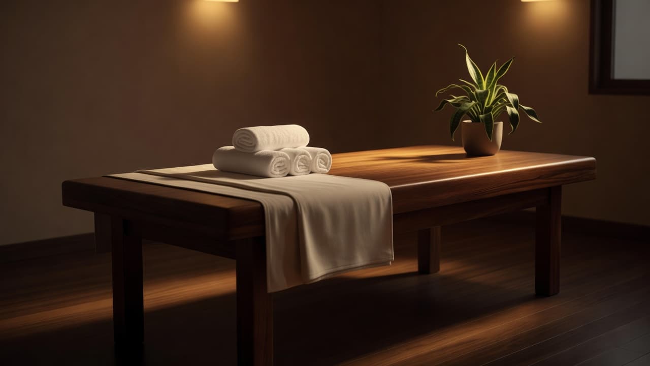 A wooden massage table with folded towels in a warm, dimly lit therapy room.
