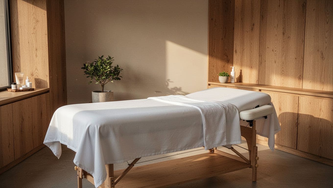 A plush massage table with crisp white linens sits in the center of a room featuring light wooden accents and soft warm ambient lighting that casts gentle shadows across walls.
