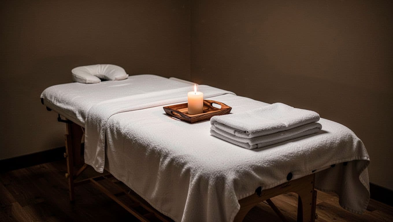 A professional massage table with crisp white linens sits centered in a dimly lit room. A small wooden tray holds a glowing candle, creating soft highlights against the dark, textured walls.