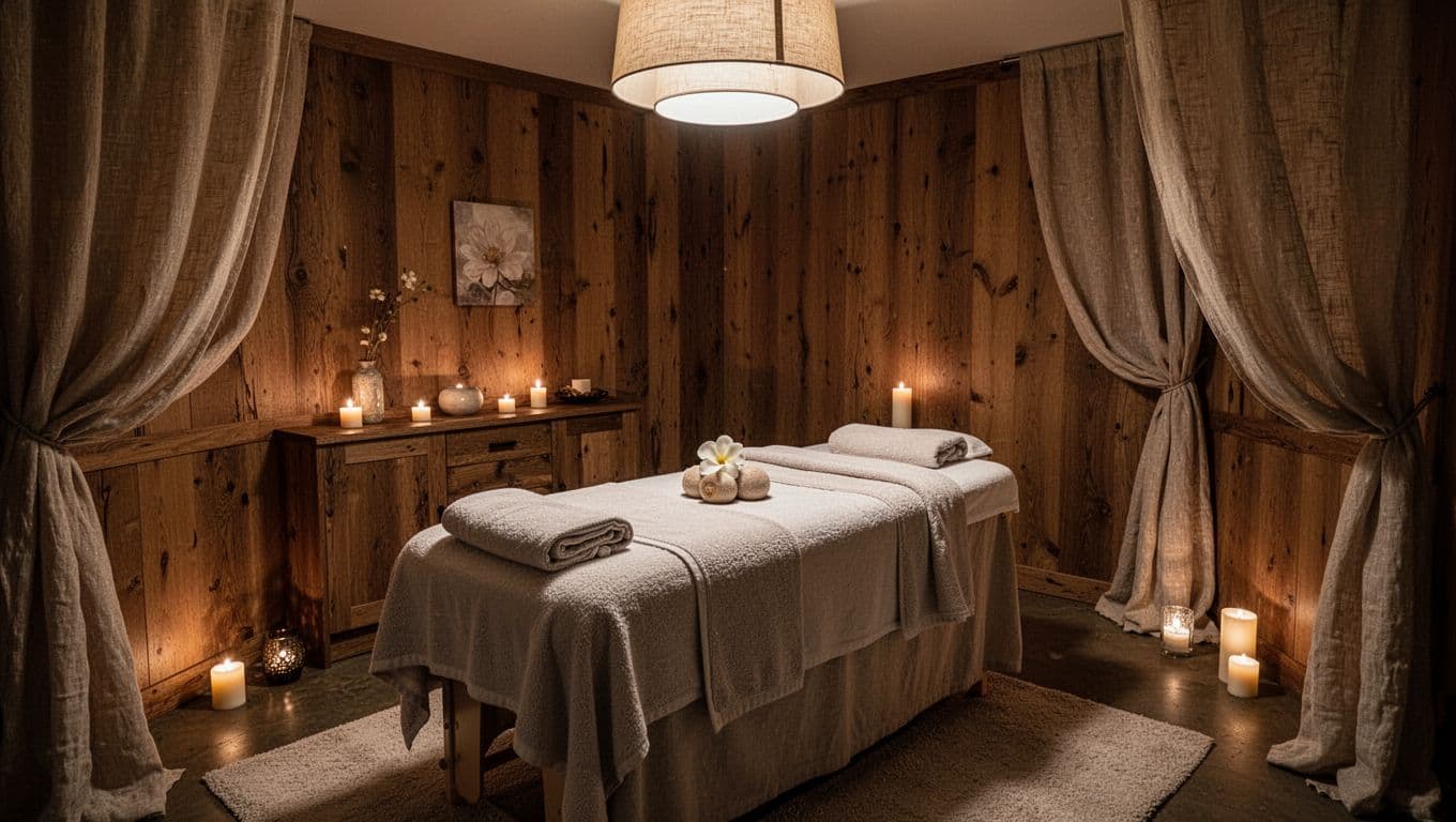 A plush massage table sits centered in a dimly lit room, draped in soft cream linens. Warm golden light emanates from hidden fixtures, casting elegant shadows across the textured wall panels.
