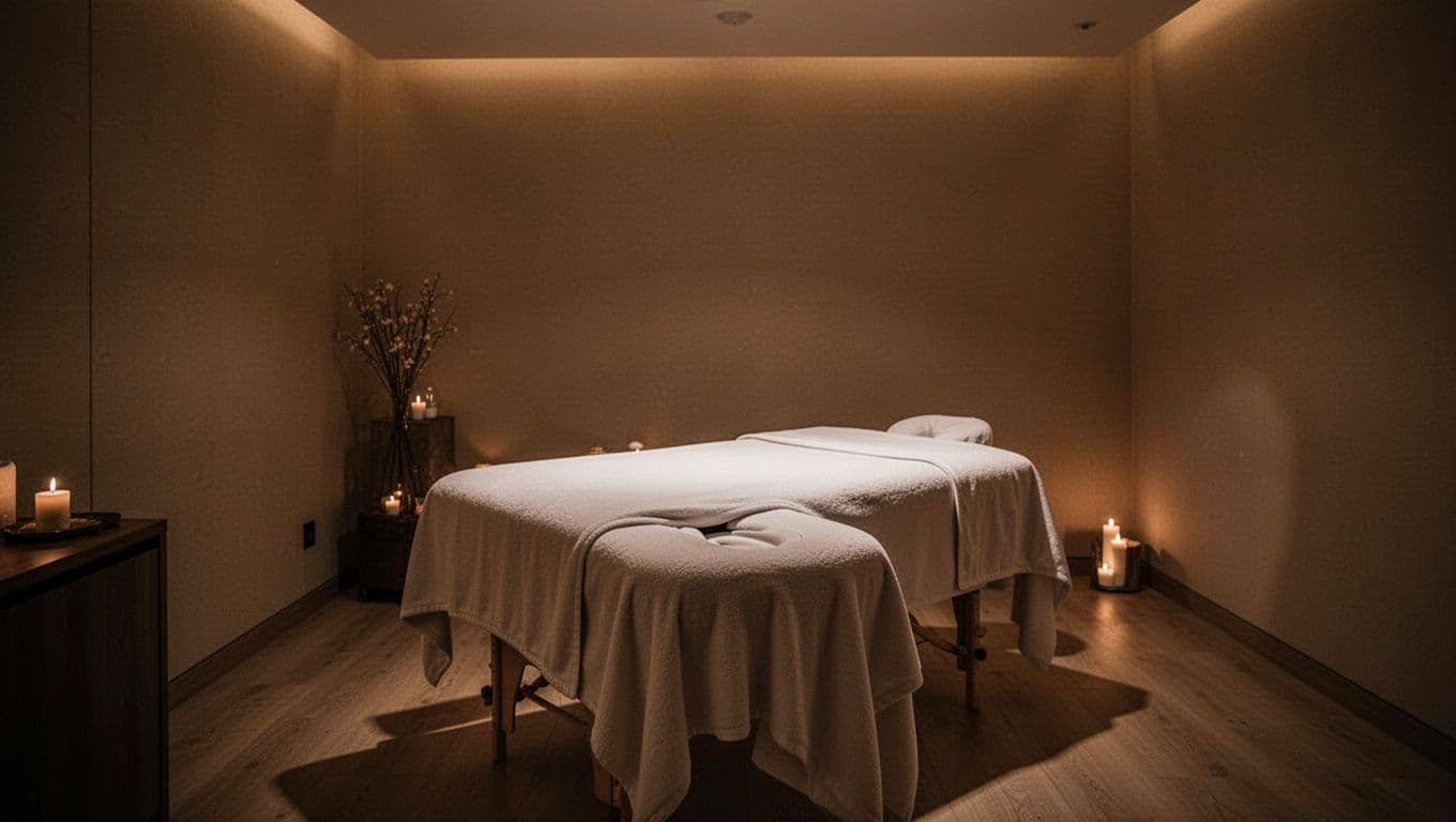 A pristine massage table sits centered in a dimly lit room, illuminated by soft golden wall sconces. Plush white linens drape over the table, creating a tranquil environment for deep relaxation.
