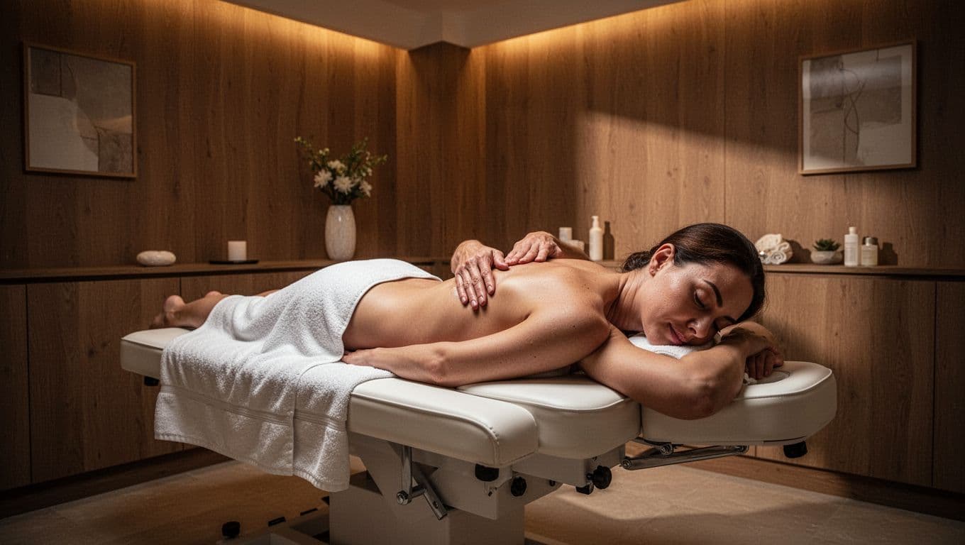 A person rests face-down on a professional massage table within a dimly lit spa room. Soft ambient lighting creates high contrast, emphasizing the clean lines and tranquil atmosphere of the space.