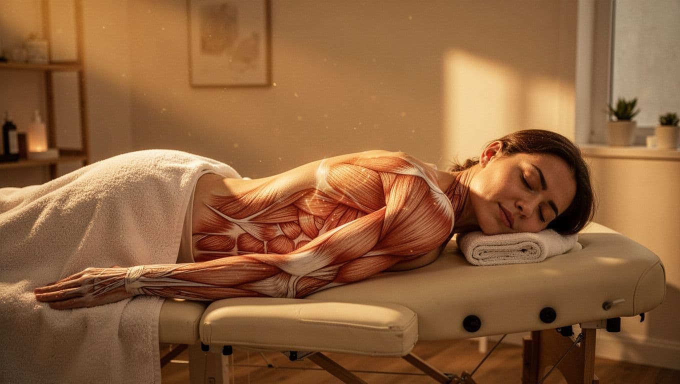 A person lies face down on a professional massage table within a darkened, tranquil room. Warm, golden spotlighting highlights the muscles of their back, emphasizing deep relaxation and circulation improvement.