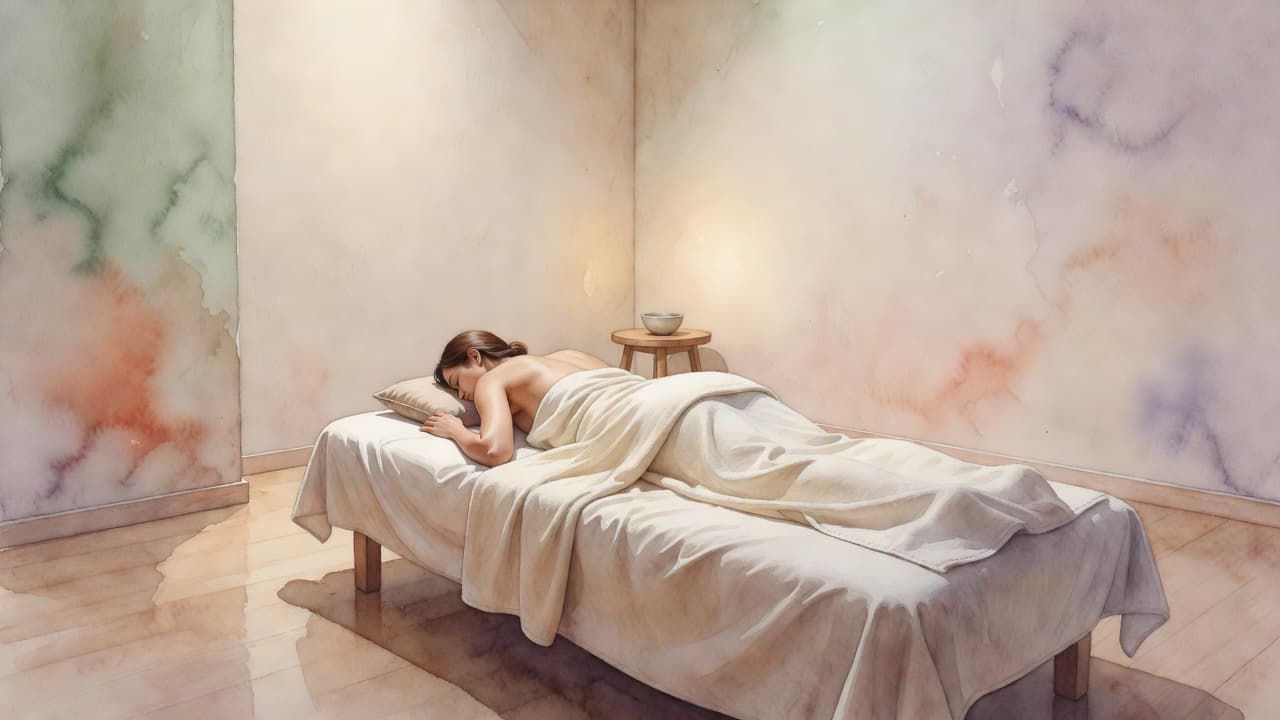A person rests comfortably on a cushioned massage table within a minimalist, sun-drenched room. The watercolor artwork utilizes soft earth tones and fluid brush strokes to convey a tranquil atmosphere.