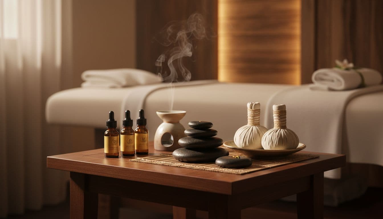 Smooth river stones, round herbal compresses, and glass essential oil bottles sit organized on a polished wooden side table. Warm ambient light illuminates the textured surfaces in this tranquil spa room.