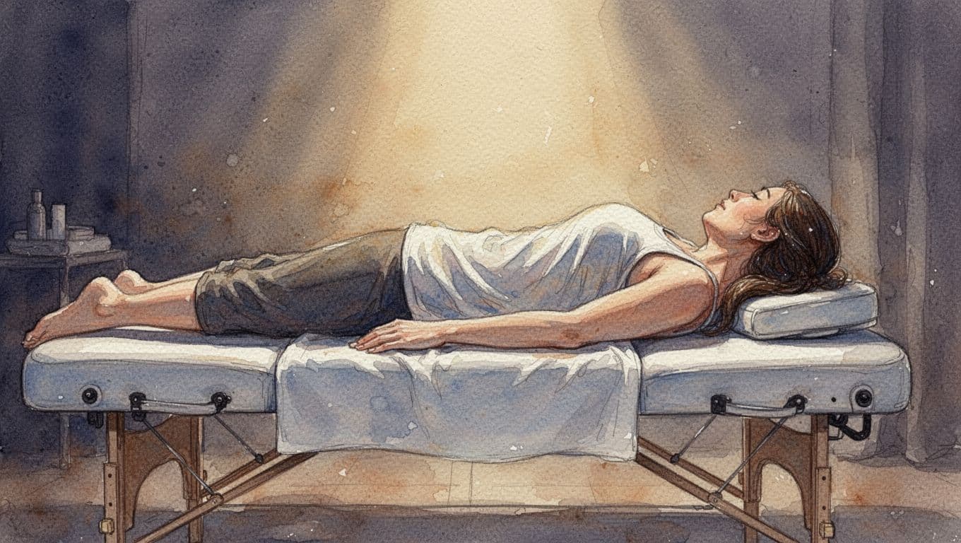 A watercolor painting depicts a person resting on a massage table inside a quiet room. Soft brush strokes create an atmosphere of tranquility, enhanced by warm, muted lighting and gentle shadows.