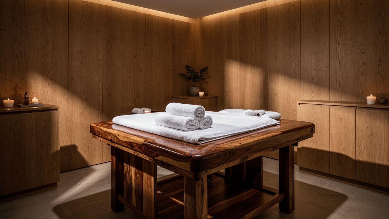 A tranquil massage table with rolled towels inside a dimly lit spa room.