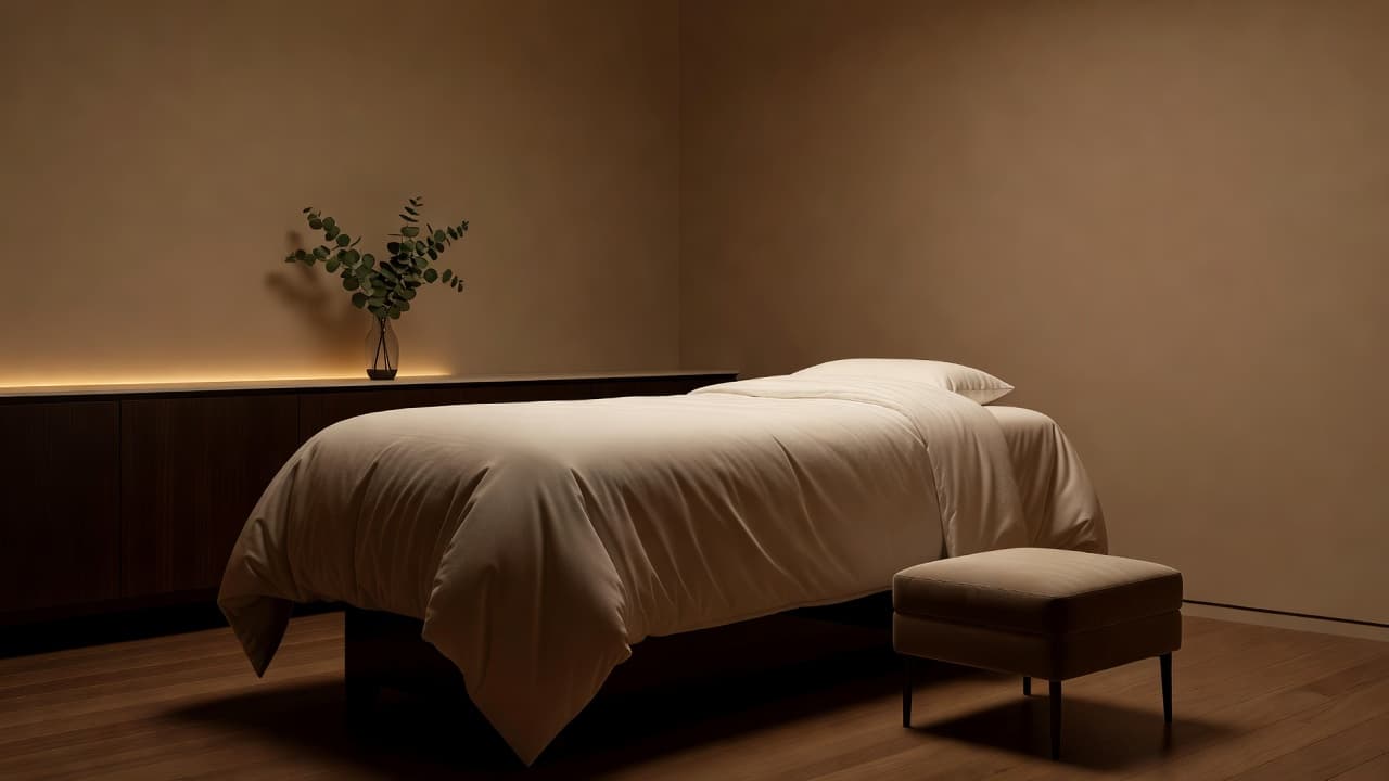A plush massage table sits centered within a minimalist treatment space illuminated by warm, soft ambient lighting. Fresh white linens drape over the table against a backdrop of neutral, calming wall tones.
