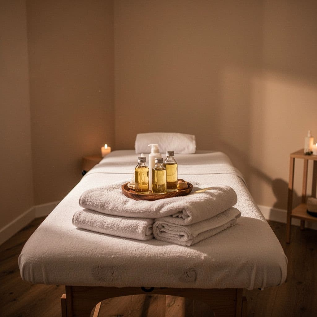 A professional massage table sits centered in a dimly lit room with a soft, warm glow. Beside it, a wooden tray holds assorted massage oils and neatly stacked white cotton towels.