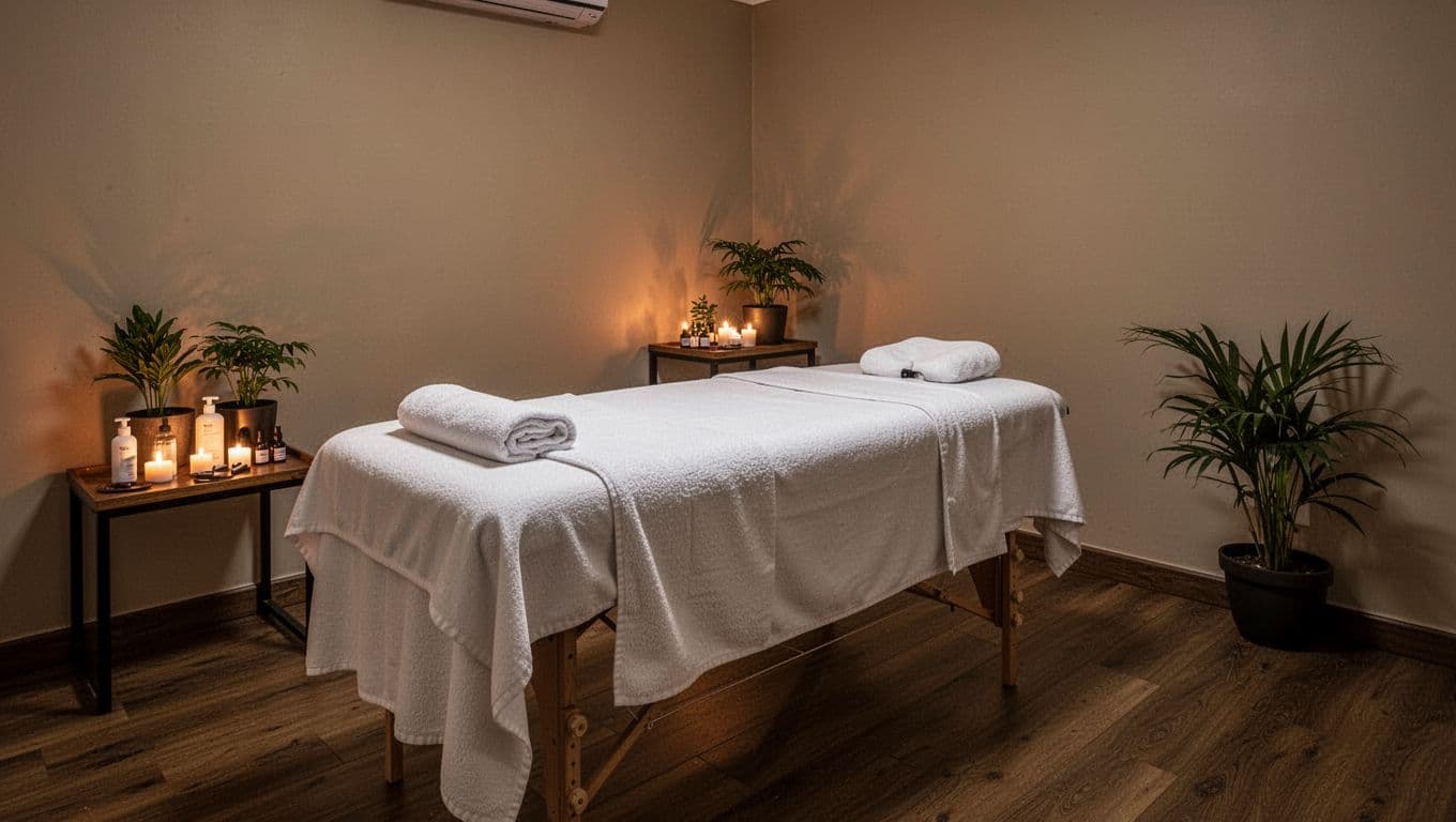 Serene private treatment room for massage in Westlands Nairobi spa, with professional table draped in fresh linens, side table holding essential oils, lotion, candles, and plants, under dim warm lighting on wooden floors and neutral walls, creating an inviting calm atmosphere. Realistic interior photograph with no people, text, logos, or watermarks.