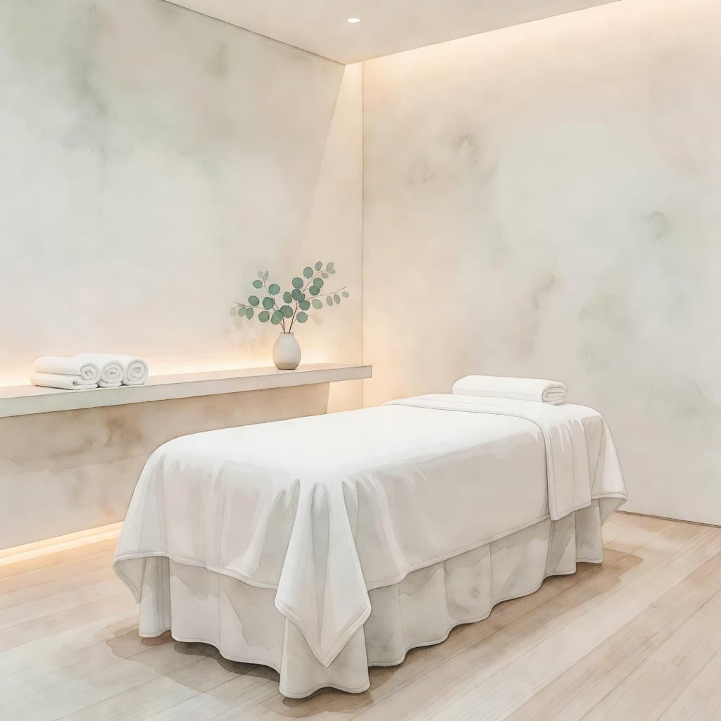 A cushioned massage table sits centered in a minimalist room with warm ambient lighting. Soft watercolor brushstrokes define the peaceful interior, featuring neutral tones and a tranquil, clutter-free environment.