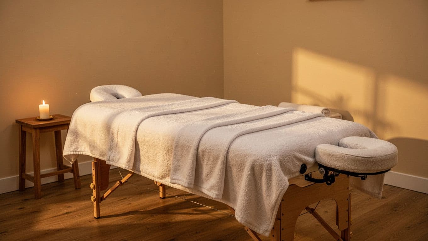 A plush massage table with pristine white linens occupies the center of a dim room. A solitary unlit candle rests on a small wooden side table under soft, golden ambient light.